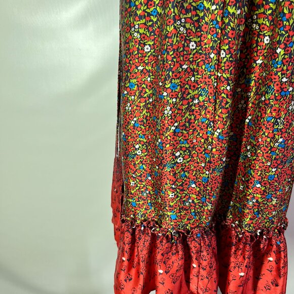 Betsey Johnson Size 8 High-Waisted Silk Dress Puff Sleeve Red Blue Floral - Picture 6 of 12